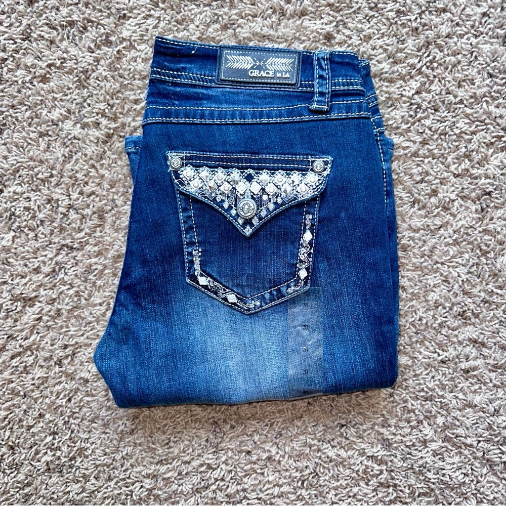 Grace Blue Bootcut Jeans with Silver Accents Bold Rinestones Flare Denim